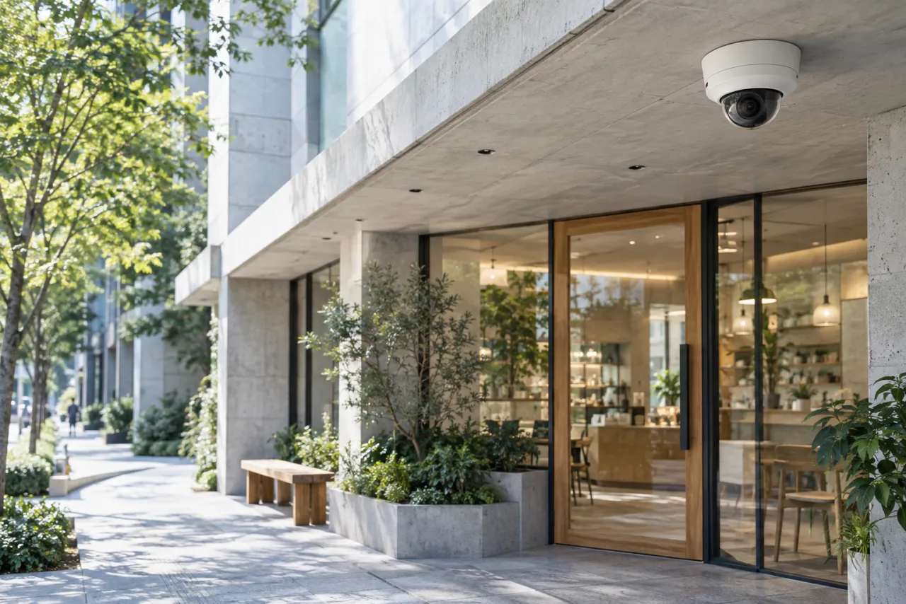 Illustrative security camera installation at a shop entrance